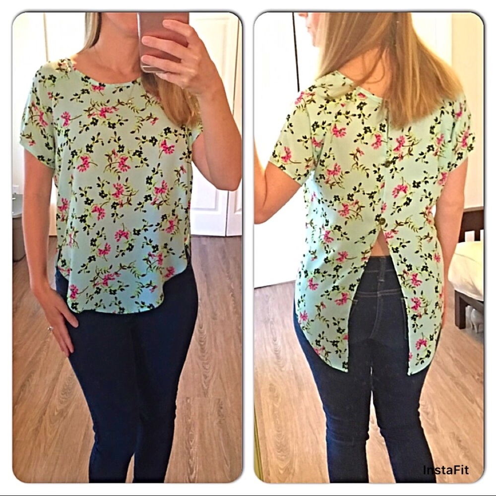 Mint green floral split back blouse - Picture 2 of 5
