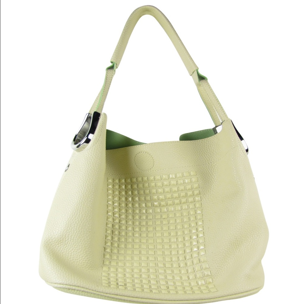 Beige Studded Flat Studded Shoulder Handbag