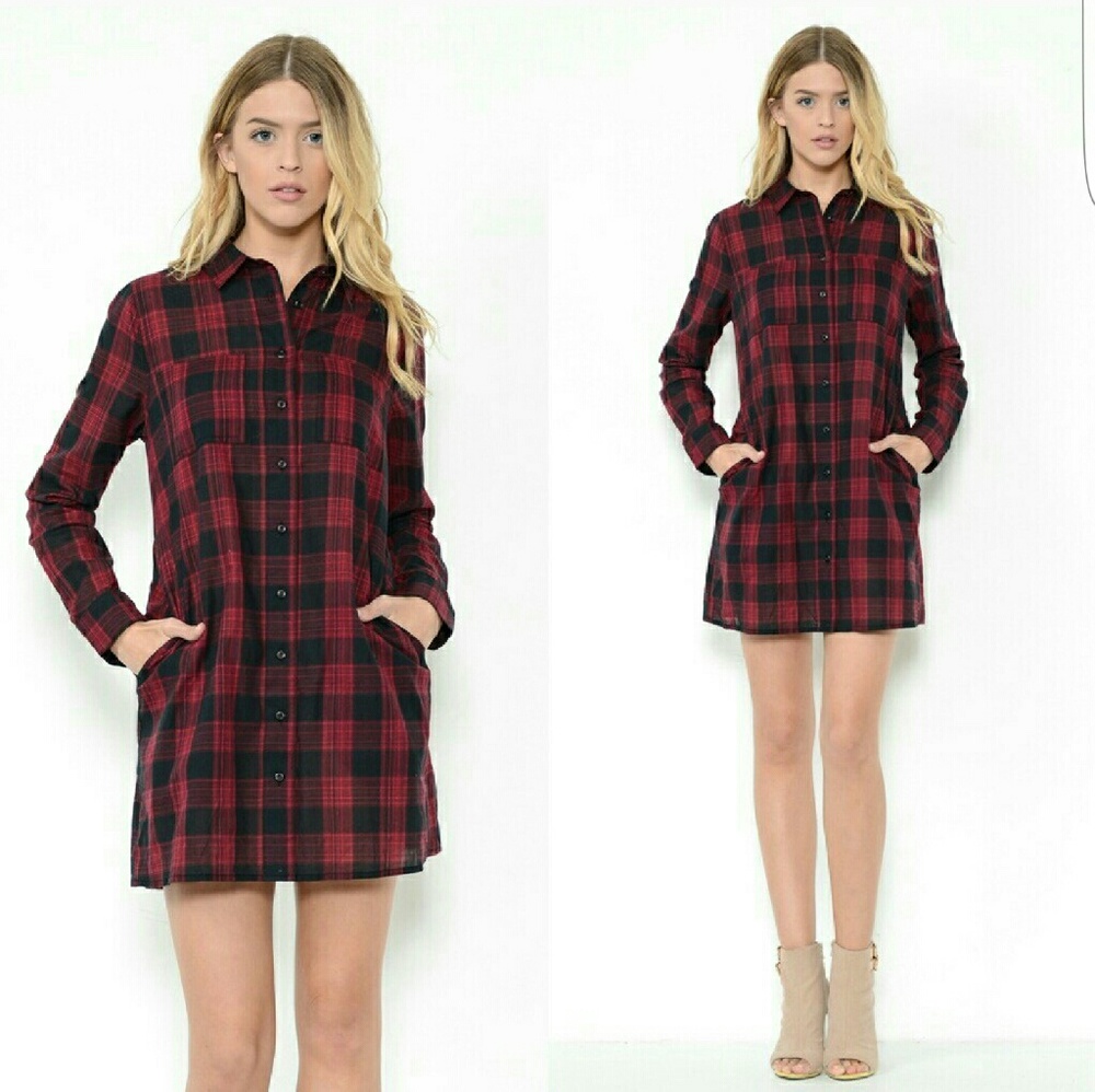Plaid Long Sleeve Shirt Dress
