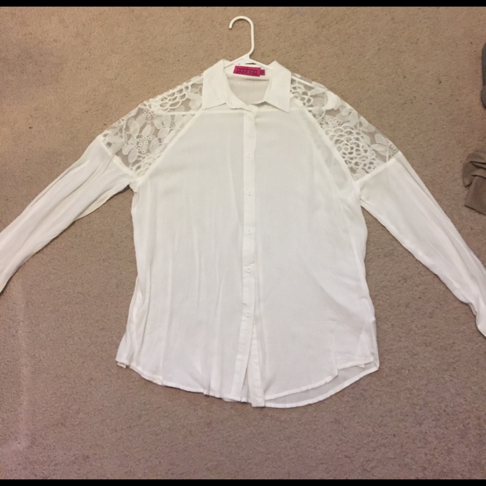 Long sleeve button up blouse with lace detail