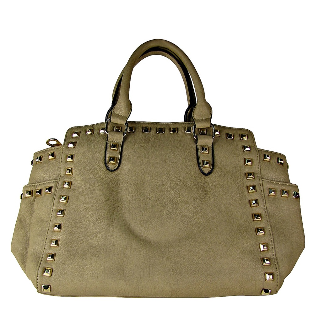 Beige Studded Leatherette Look Shoulder Handbag