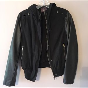 Forever 21 Fabric Hood Jacket Faux Leather Sleeves