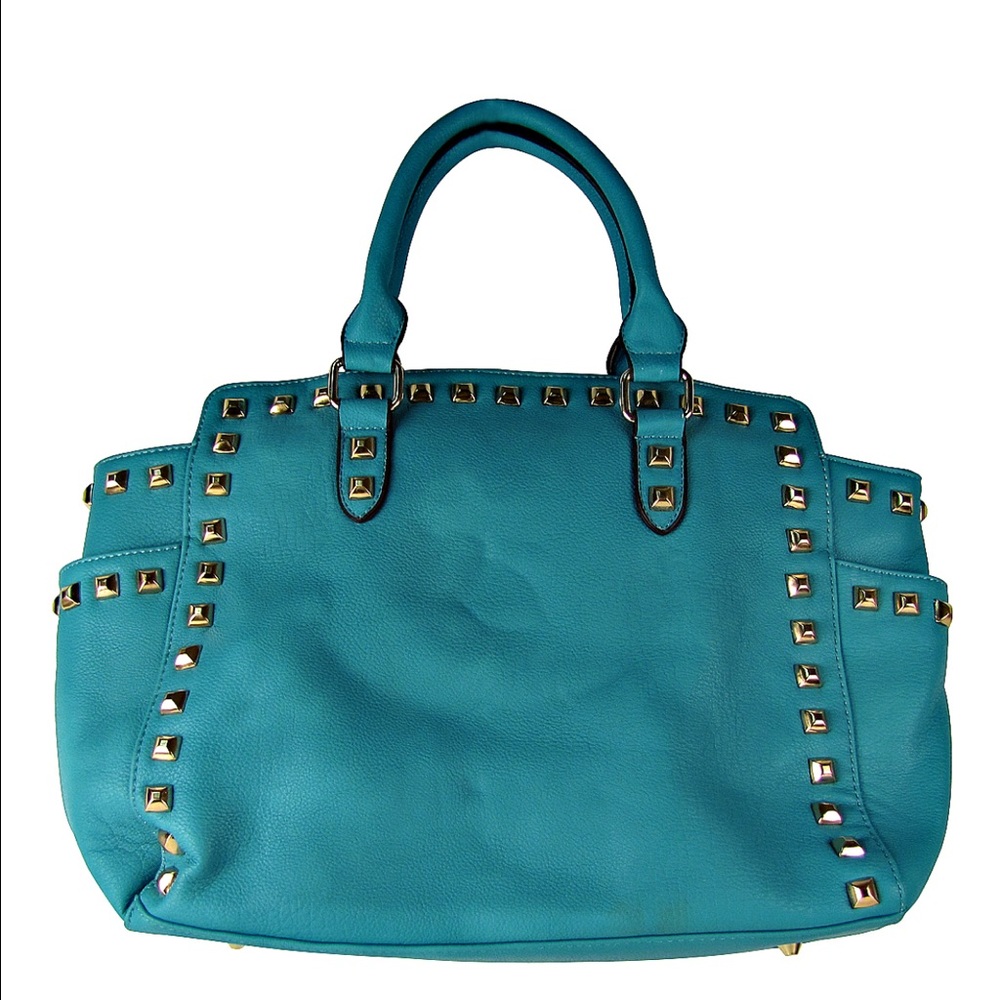Turquoise Studded Leatherette Shoulder Handbag