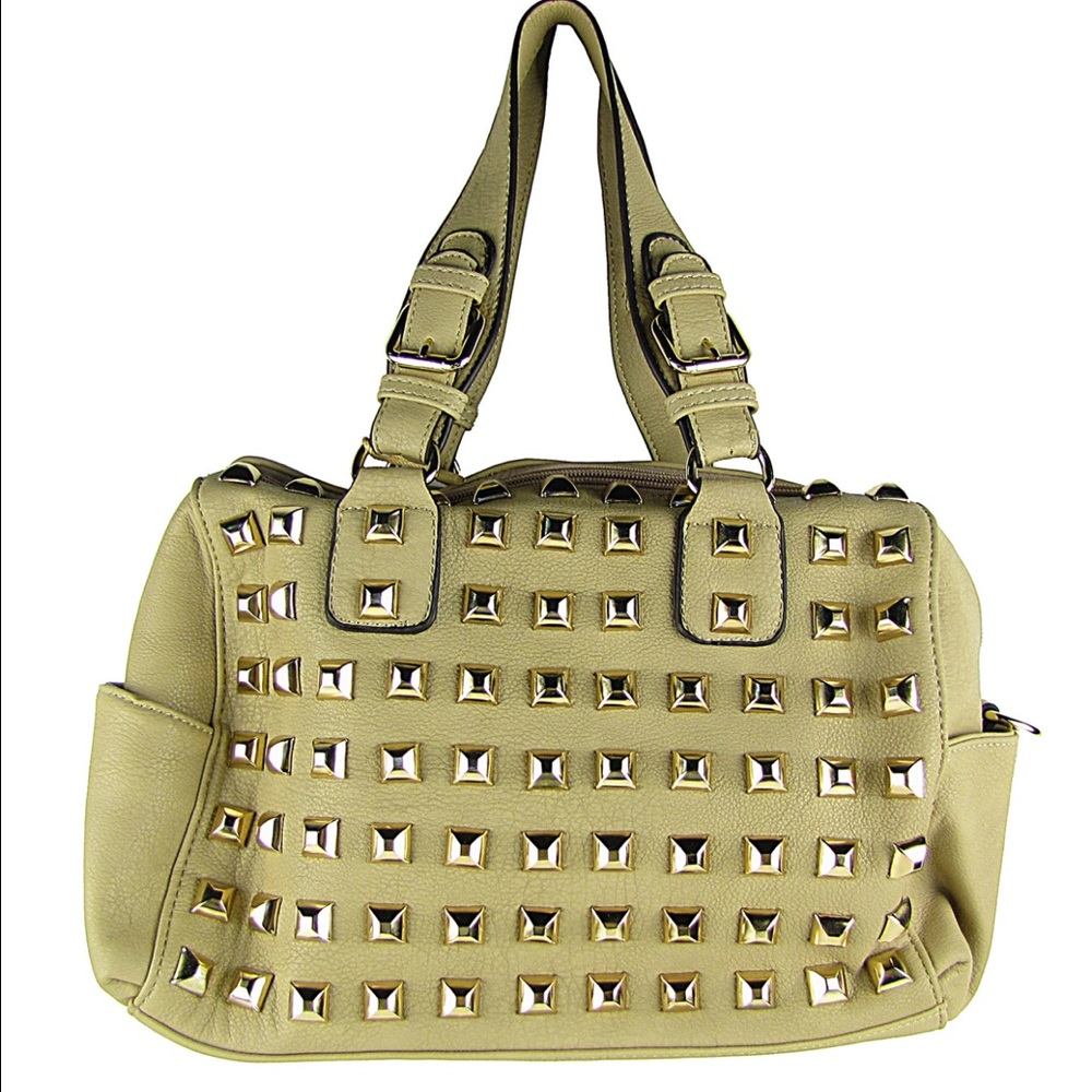 Beige Studded Leatherette Shoulder Handbag