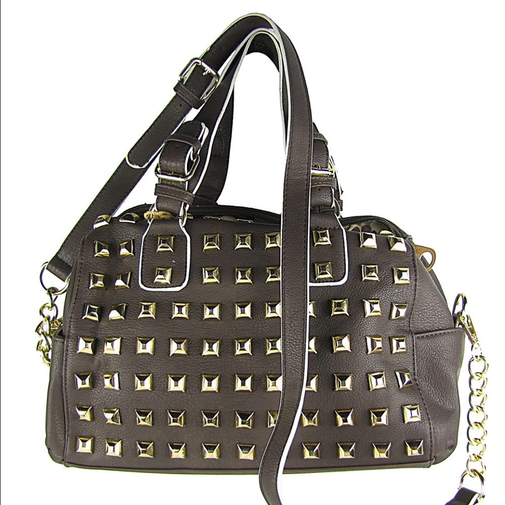 Brown Studded Leatherette look Shoulder Handbag