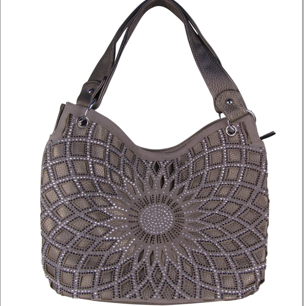 Gray Flower Laser Cut Design Shoulder Handbag