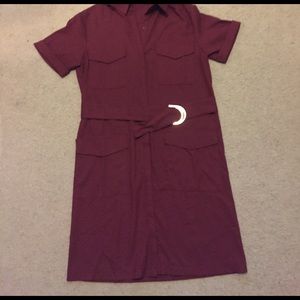 Burgundy button up dress with metallic detail belt