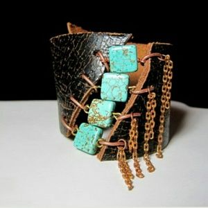 WE Turquoise Stone with DK Brown Leather Cuff main image 1