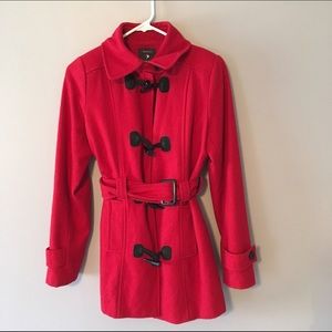 Forever 21 Red Pea Coat with Adjustable Waistband