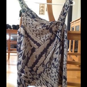 BCBG linen top off the shoulder in navy and taupe.