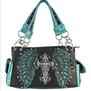 Turquoise Cross with Wings Shoulder Handbag