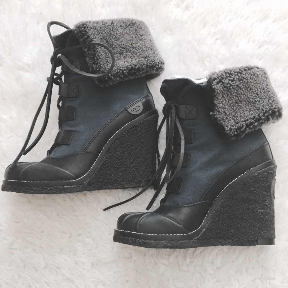 SOLDโ๏ธNWOT Tory Burch Fairfax Canvas Wedge Booties - Picture 2 of 8