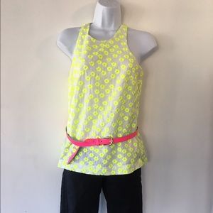 J Crew Neon yellow embroidered floral racer top