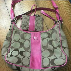 Brown and pink Coach purse and wristlet set