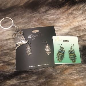 Owl bundle Silver owl key chain 2 pair earrings