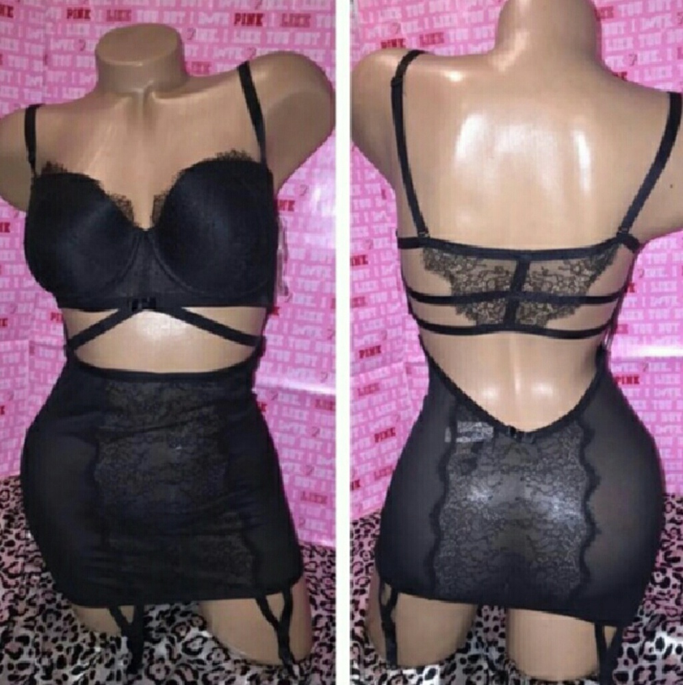 NWT Victoria's Secret black lace garter slip 34d
