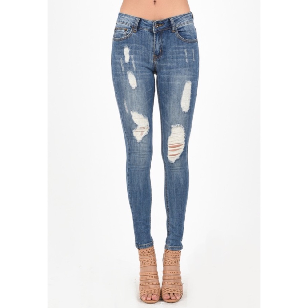 Medium Blue Destroyed Denim Skinny Jeans