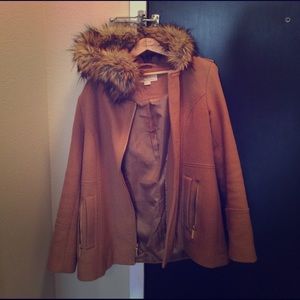 Tan wool coat with fur trimmed hood