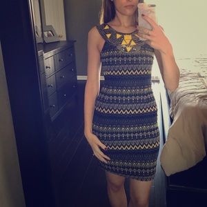 Blue & yellow V back dress with beading