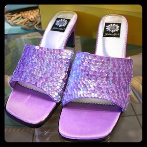 Yellow Box Purple Sequin Heels NIB