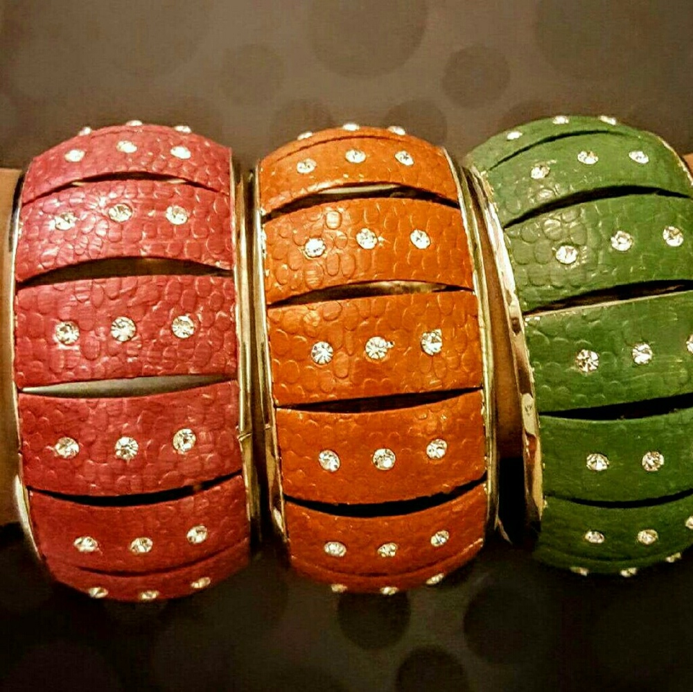 Leather & Crystal Bangles - 3 Color Bundle NWOT