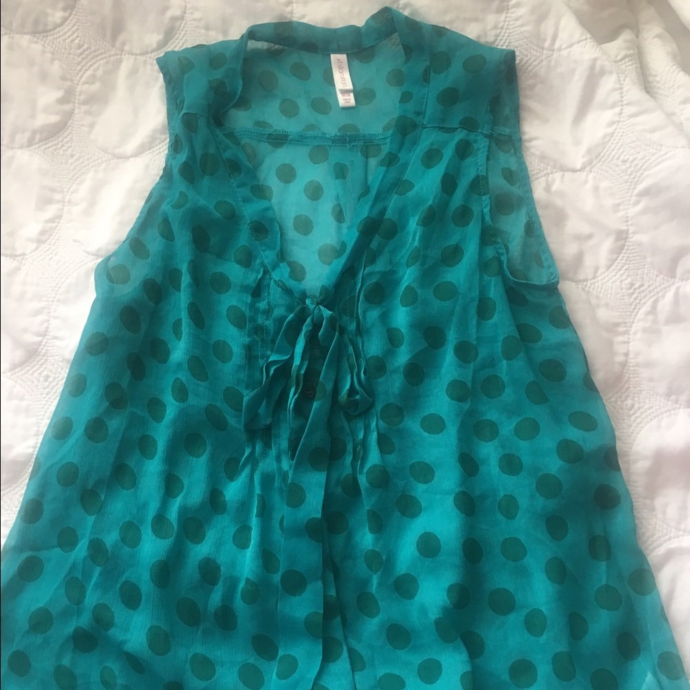 XHILARATION sheer blue & green polka dot blouse