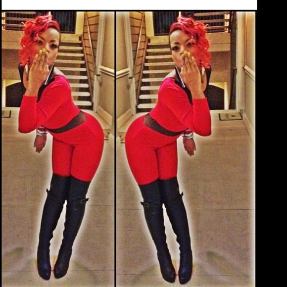 BFLYLA Pants - HOT RED AND BLACK SHEER LONG SLEEVE BODYSUIT