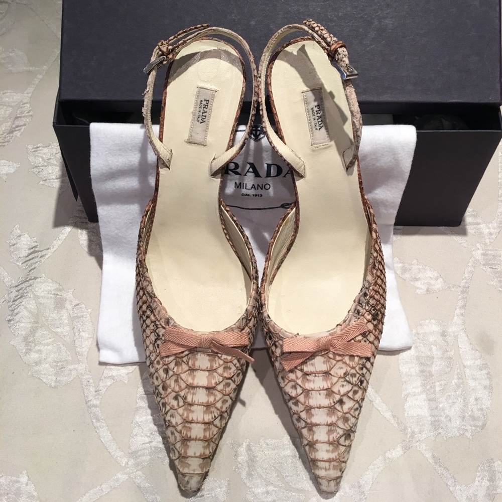 Prada Blush Python skin pointed toe sling backs