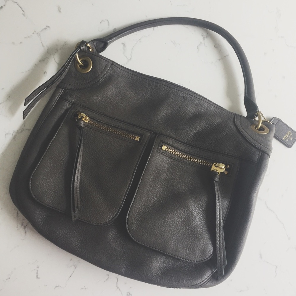 Fossil Grey Pebbled Leather Double Pocket Purse