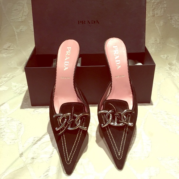 Prada Black Suede Mules with Silver chain links - Picture 1 of 6