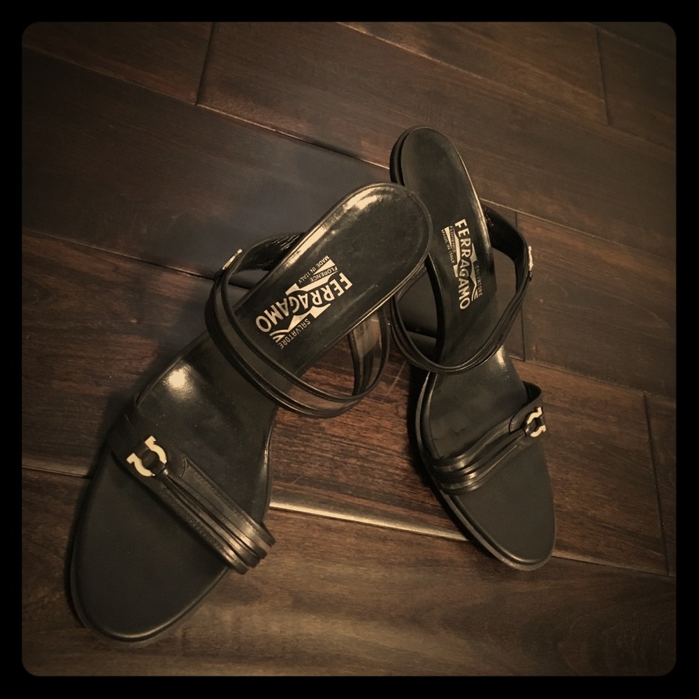 Authentic ferragamo black leather slip ins