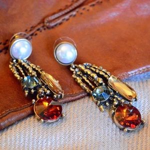 Pearl Drop Earrings w/ Multicolored Stones