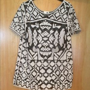 Anthropologie sheer black top w/ white embroidery