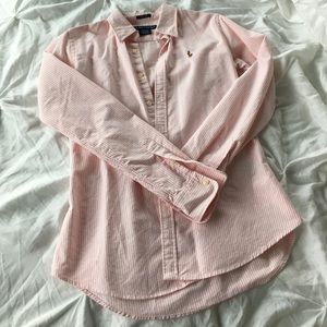 Pink and White Striped Polo Slim Fit Button Down