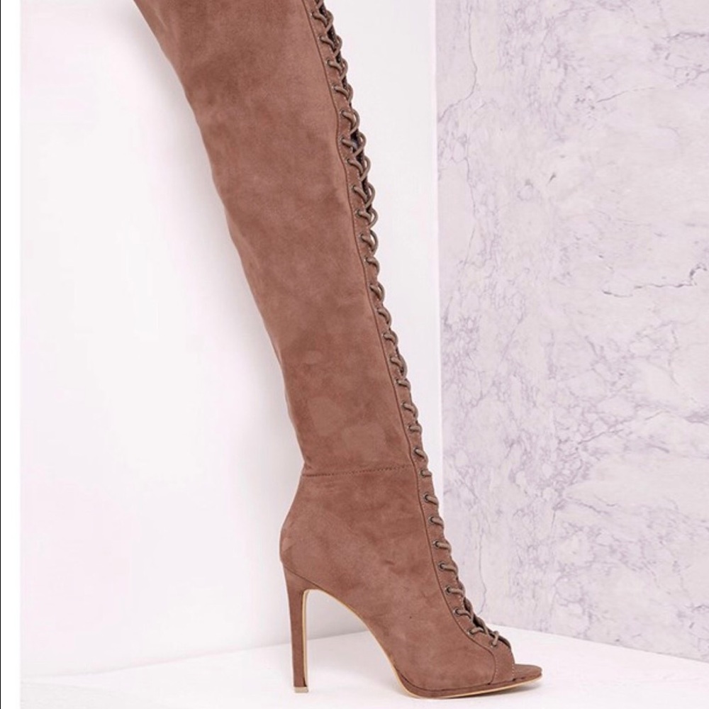 Peep toe tigh high boots