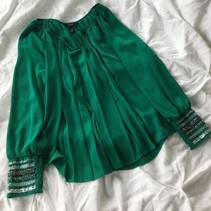 Emerald Pleated Blouse with Embellished Cuffs