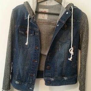 A blue denim jacket hood