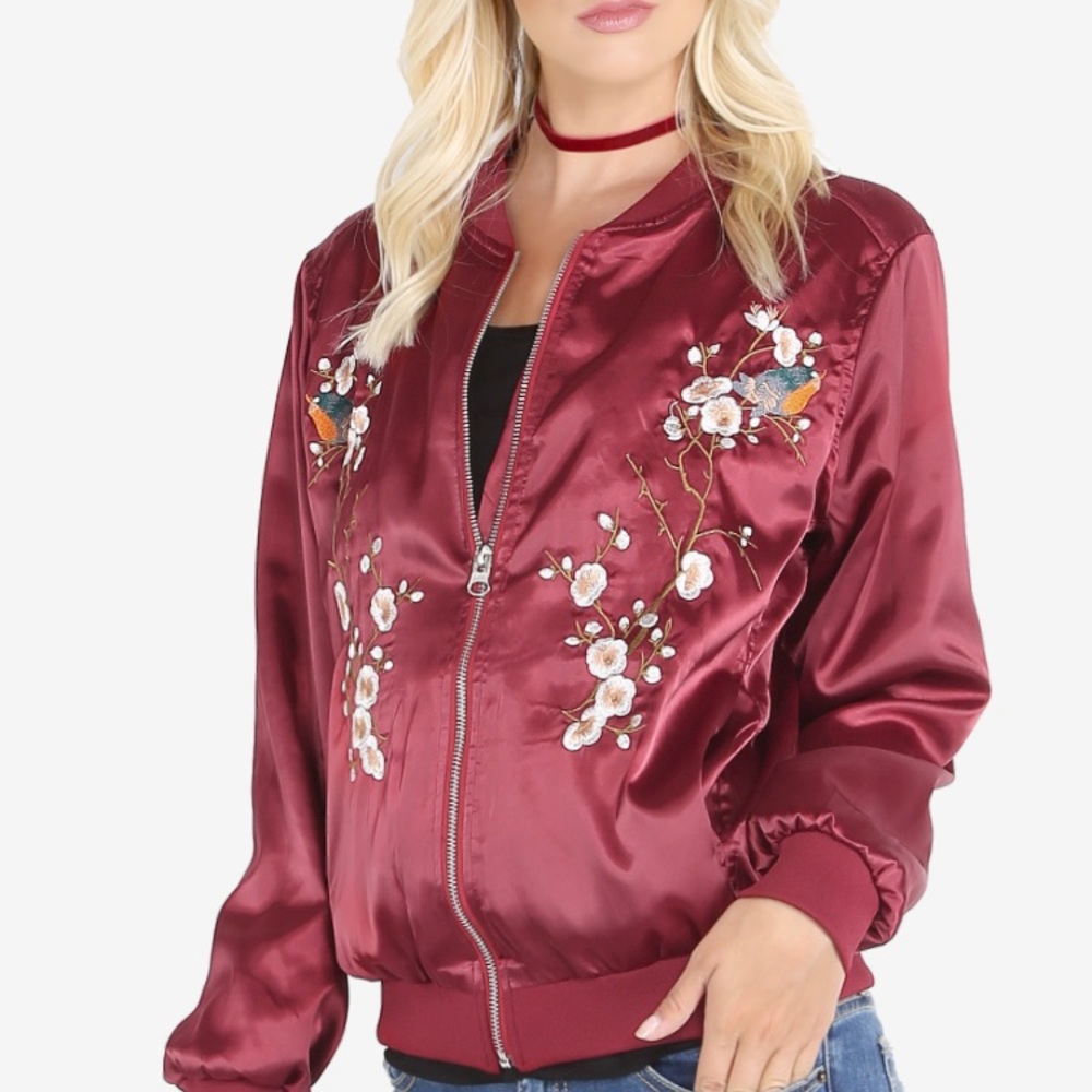 Embroidered satin bomber jacket