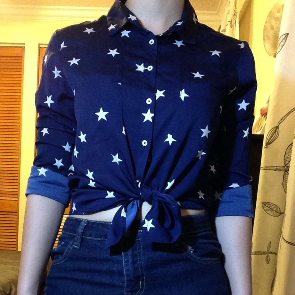 silky blue star print button up