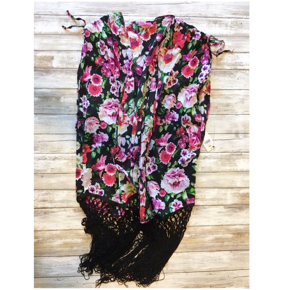 New✨Betsey Johnson Fringe Floral Draped Kimono Top - Picture 2 of 3