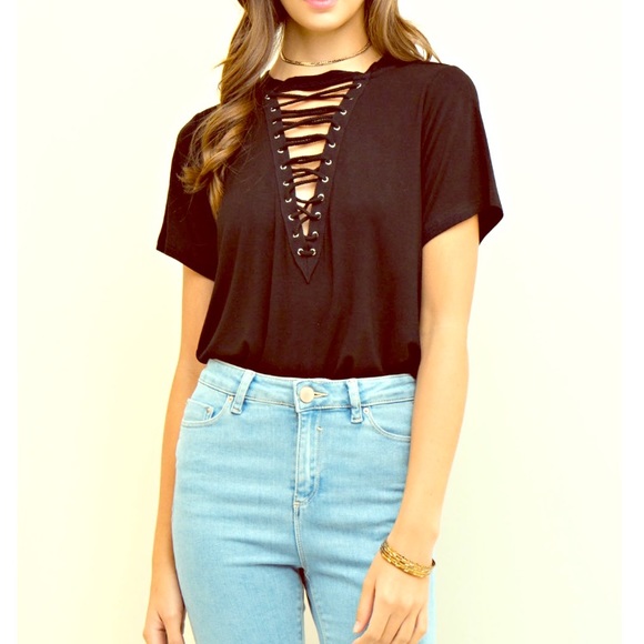 solid Black lace up knit top - Picture 3 of 7