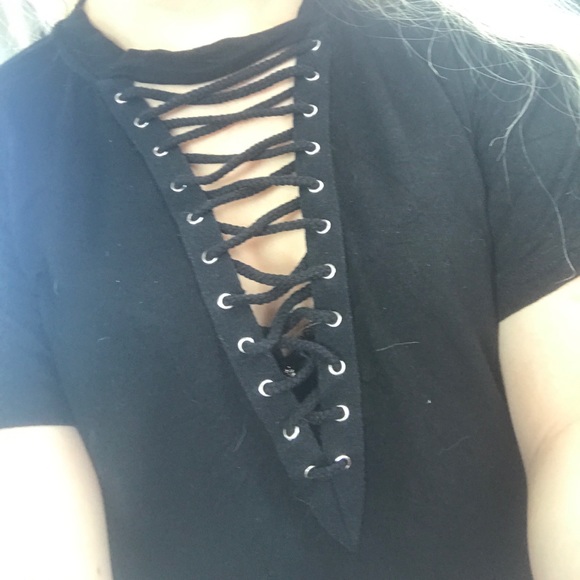 solid Black lace up knit top - Picture 5 of 7
