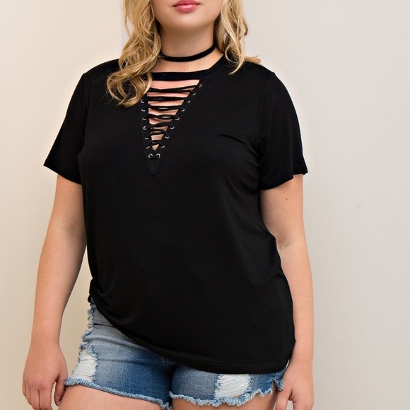 solid Black lace up knit top - Picture 4 of 7