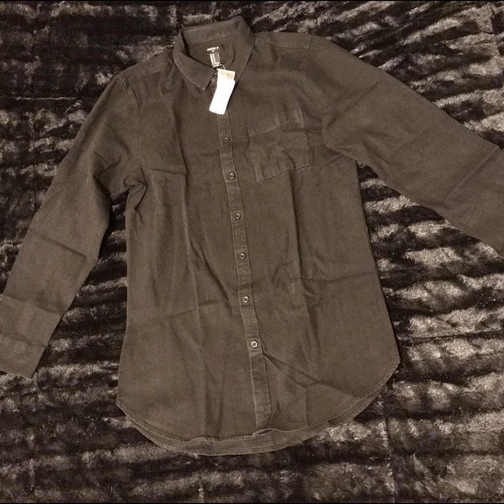 Black Slim Long Denim Button Up Shirt