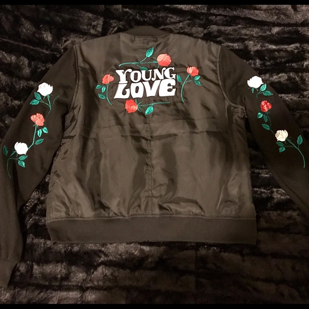 🌹 Young Love Rose Embroidered Black Bomber Jacket