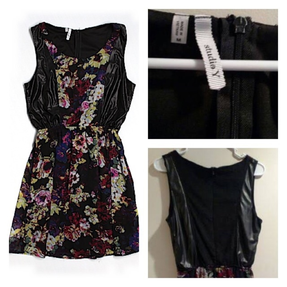 Black Purple Floral Print Leather Dress Medium M