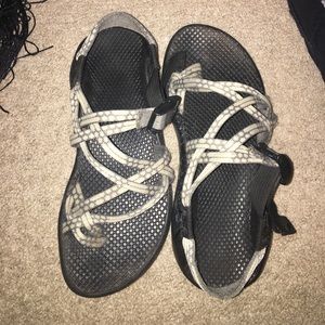 Grey and white women's chacos!
