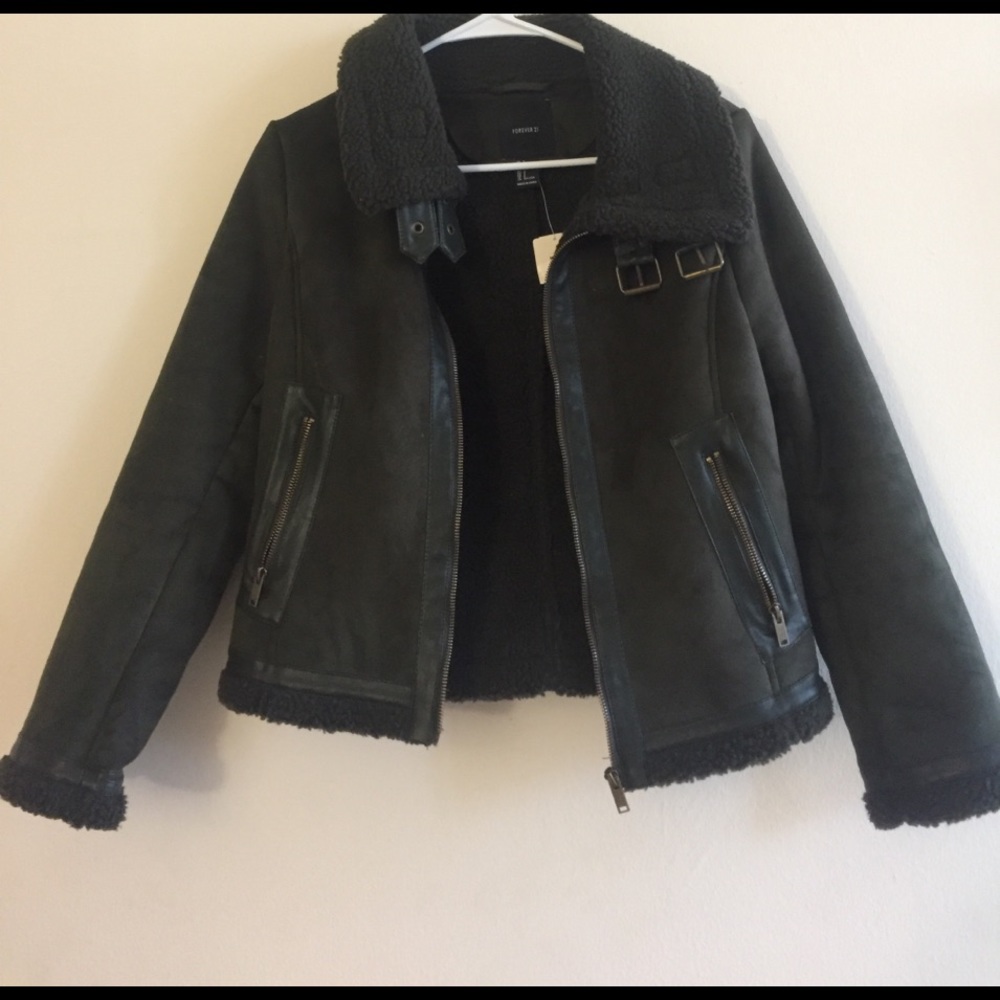 NWT Forever 21 Olive Green Suede Bomber Jacket