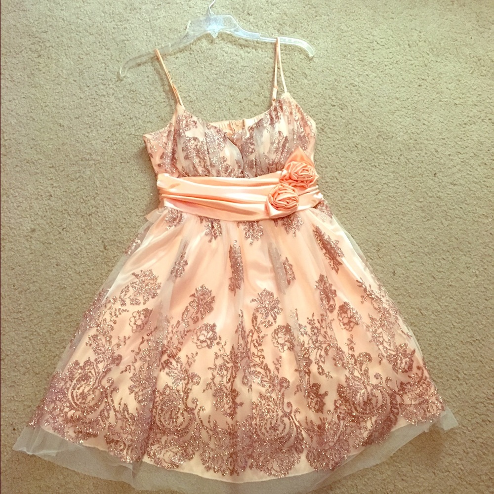 Deb Shops Formal Peach Dress with Glitter Detail