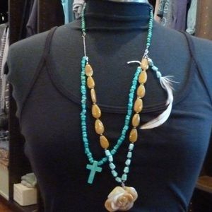 Turquoise flower and cross necklace w/ feather